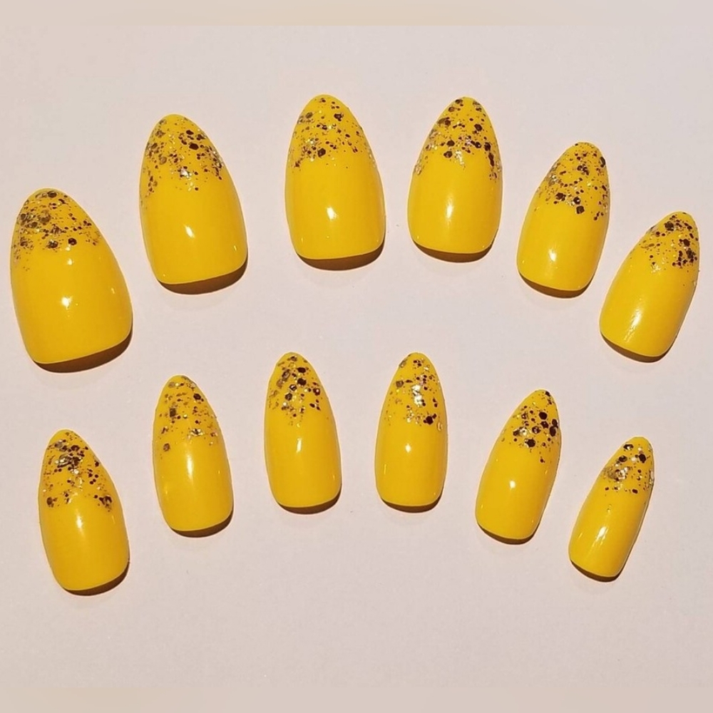 Yellow & Gold Glitter Press On Nails - New Hand Painted